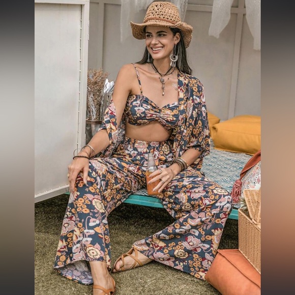#140• Boho Allover Floral Print Cami Top &Wide Leg Pants &Kimono Set 100%Viscose - Picture 4 of 4